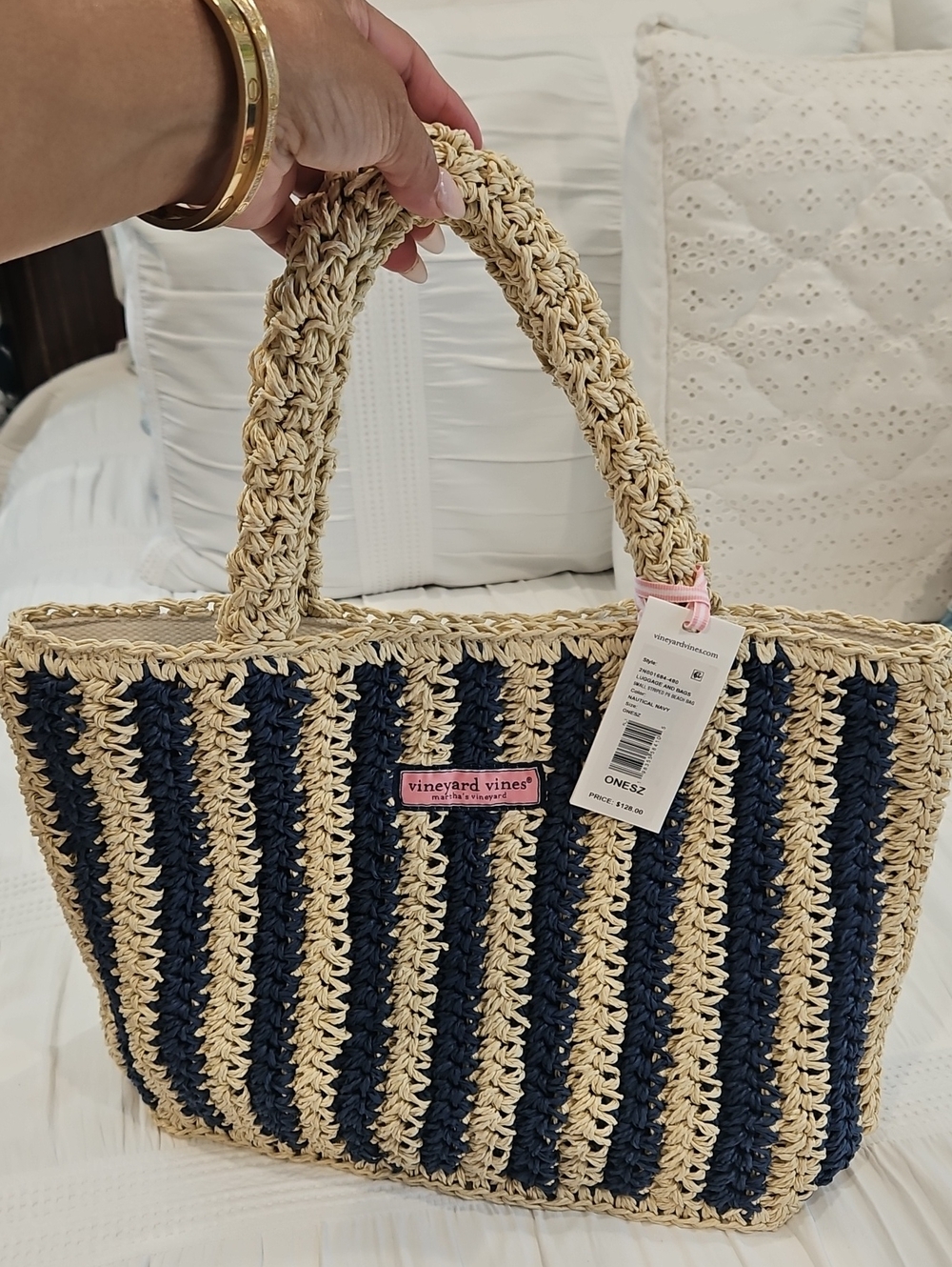 Vineyard Vines Navy and Natural Striped Crochet Tote